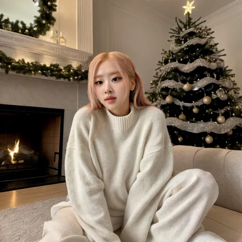 a close up of a person sitting on a couch near a christmas tree