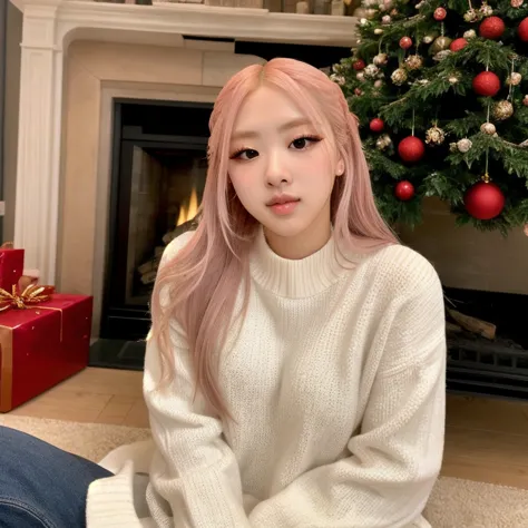 a close up of a person sitting on a floor near a christmas tree