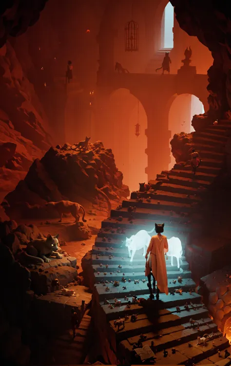 there is a man walking up a set of stairs in a cave