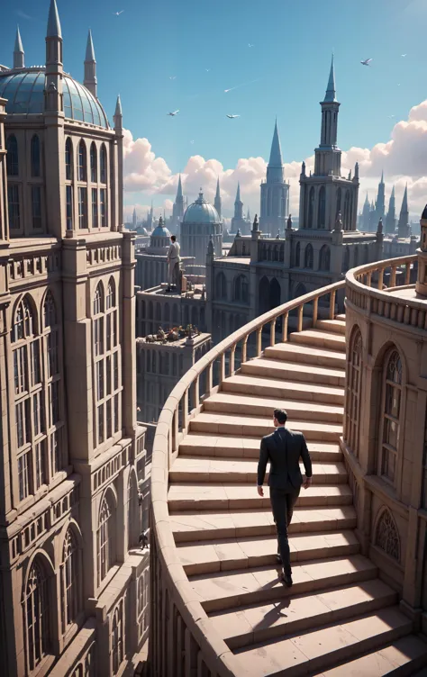 arafed view of a man walking up a set of stairs in a city