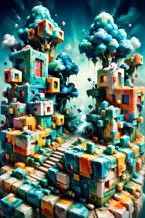 a digital painting of a colorful city with lots of cubes