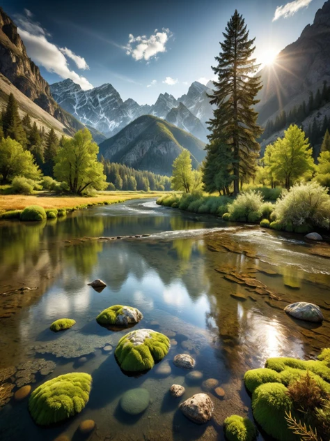 ral-mold, A serene, photo-realistic landscape where the trees, mountains, and riverbanks are subtly accented with mold textures dynamic, cinematic, masterpiece, intricate, hdr, 