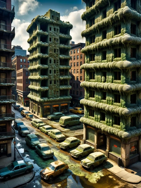 랄-몰드, 건물들이 늘어선 번화한 도시 풍경의 특이한 묘사, 자동차, 거리가 예술적으로 역동적인 금형 구조로 변형됩니다., 영화 같은, 걸작, 뒤얽힌, HDR, 
