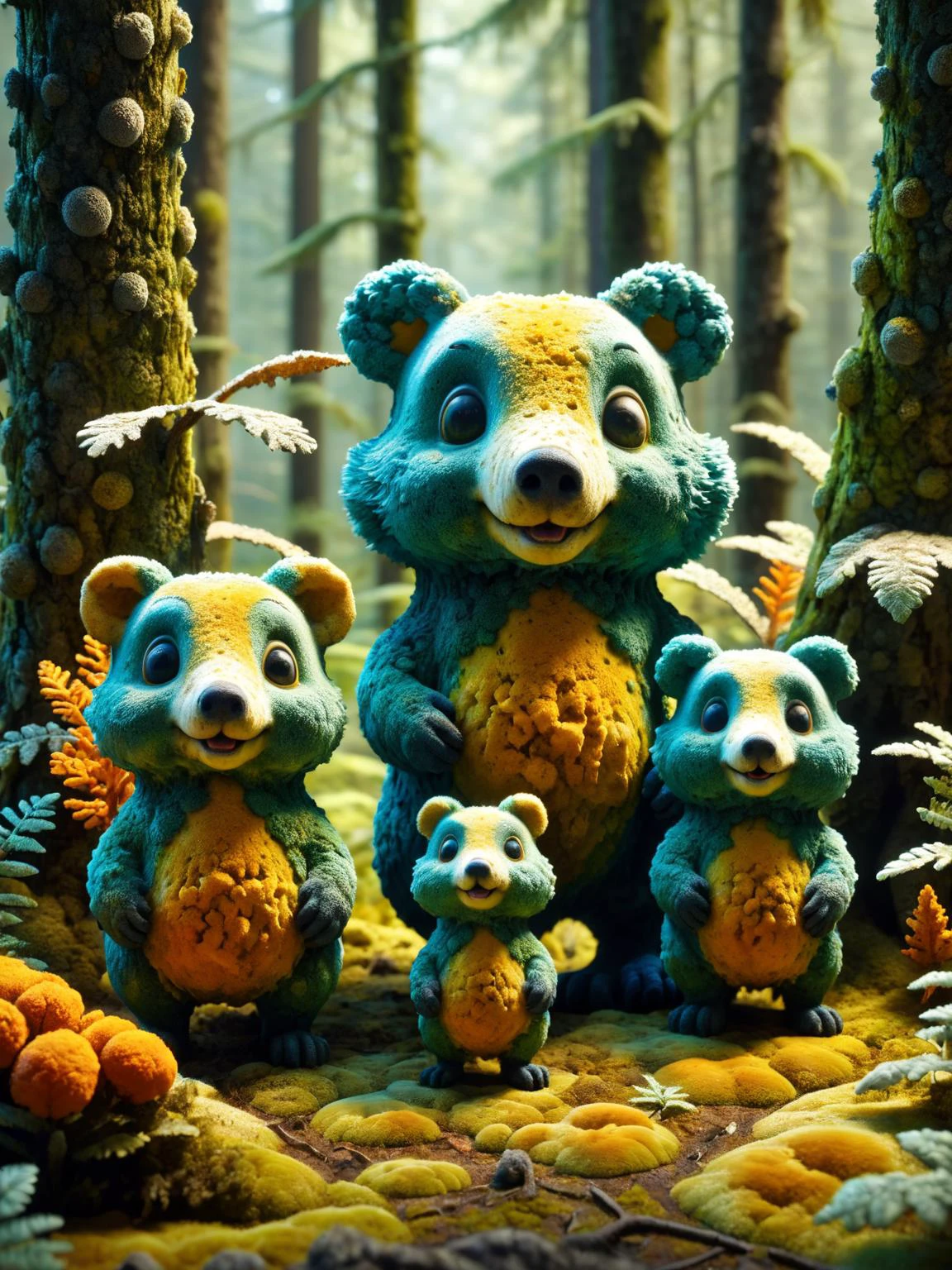 랄-몰드, 숲속의 곰팡이 핀 동물 가족을 유쾌한 애니메이션 스타일로 묘사한 작품입니다., 생동감 넘치는 색상과 역동적인 금형 텍스처로 매력적인, 영화 같은, 걸작, 뒤얽힌, HDR, 