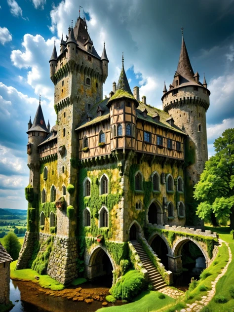 molde ral, Um majestoso castelo coberto de mofo, elevando-se sobre uma vila medieval infestada de mofo, criando um deslumbrante, misterioso cenário de conto de fadas dinâmico, cinematic, Obra de arte, intricado, hdr.