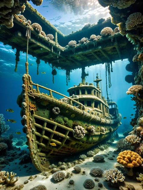 ral-mold, A mold-infused underwater scene with coral, fish, and a sunken ship, all beautifully detailed in varying shades of mold cyber, scifi,tech, dynamic, cinematic, masterpiece, intricate, hdr 