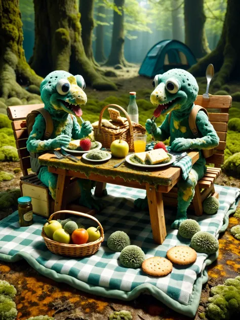 molde-ral, Una escena imaginativa estilo stop-motion de criaturas de moho haciendo un picnic., con comida, utensilios, y manta de picnic todo en molde dinámico, cinematográfico, obra maestra, Intrincado, hdr, 