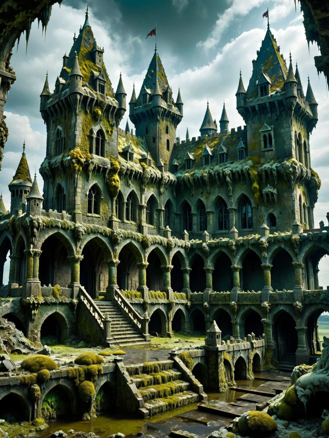 molde-ral, Un campo de batalla de fantasía inspirado en moldes, con guerreros, dragones, y castillos todos hechos de forma artística., dinámica estética mohosa, cinematográfico, Obra maestra, Intrincado,gótico, HDR 