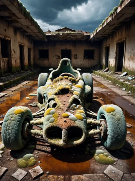 Une Formule 1 (F1) voiture de course avec cockpit vide (siège conducteur vide) fabriqué entièrement à partir de moule ral, garé dehors sur une piste abandonnée couverte de détritus, bâtiments rouillés, métal rouillé, un ciel sombre et maussade au-dessus donnant une étrange lumière dispersée, éclairage dramatique élégant, dynamique, Cinématique, HDR, tourné avec un Sony A7R IV pour une image nette, finition détaillée, 