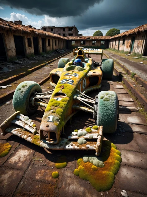 An empty F1 Formula 1 race car made entirely from ral-mold, parked outside on an abandoned track covered with litter, rusted buildings, rusted metal, a dark and brooding sky above giving an eerie scattered light, dramatic lighting elegant, dynamic, cinematic, high contrast, HDR, shot with a Sony A7R IV for a crisp, detailed finish, 
