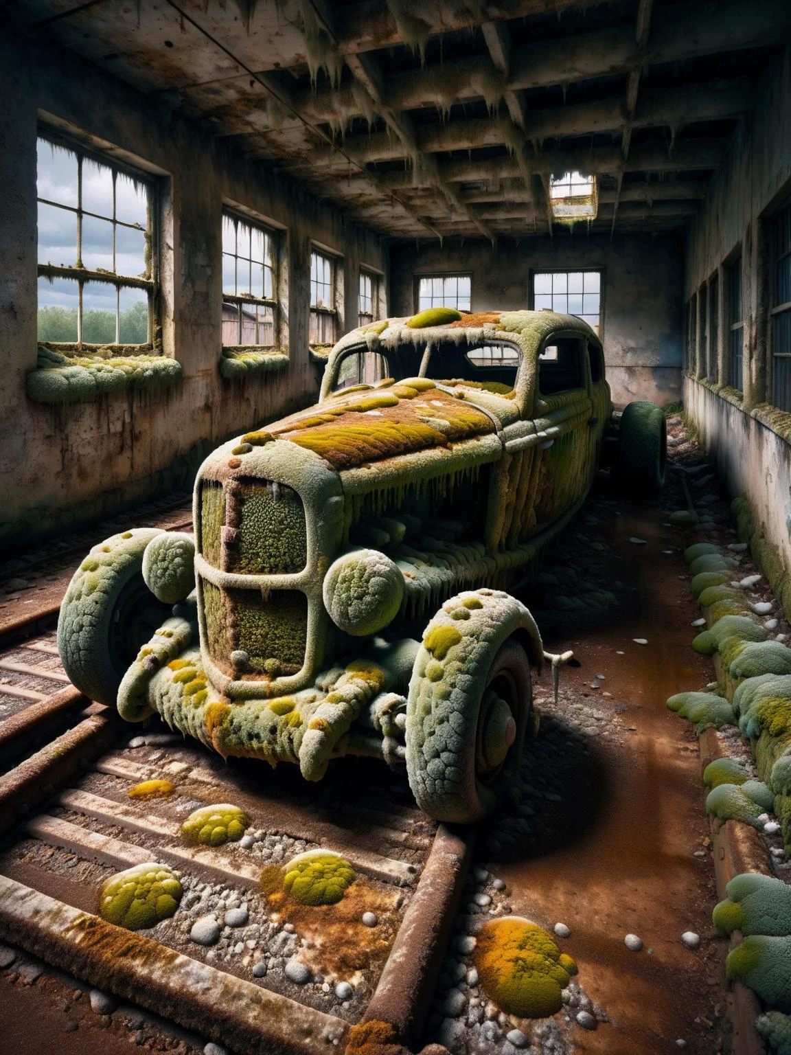 ral-mold, an F1 race car made entirely from ral-mold, parked on an abandoned track covered with litter, rusted buildings, rusted metal, a dark and brooding sky above giving an eerie scattered light elegant, dynamic, cinematic, HDR, shot with a Sony A7R IV for a crisp, detailed finish, 
