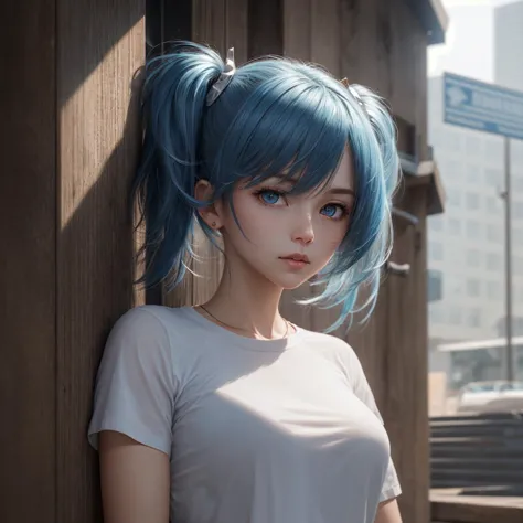 RAW, (masterpiece, best quality, top quality, ultra detailed), sharp focus, full body, a stunning girl, blue hair, twintails, white shirt, white sport pants, <lora:hairdetailer:0.5>, outside, photo by greg rutkowski, <lora:peeking_out_upper_body_pruned:1>, peeking out upper body