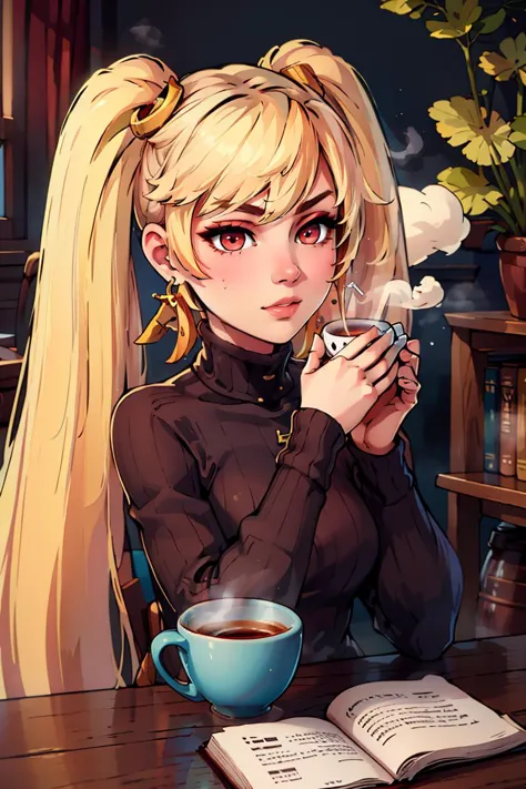 anime girl with blonde hair holding a cup of coffee and a book