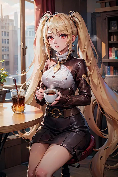 anime girl with long blonde hair sitting at a table with a cup of coffee