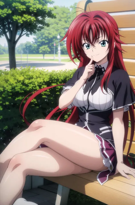 anime girl sitting on a bench with her legs crossed