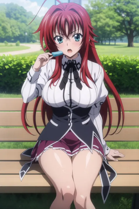 anime girl sitting on a bench with a toothbrush in her mouth