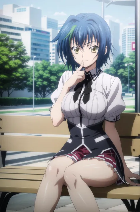 anime girl sitting on a bench in a city with a cityscape in the background