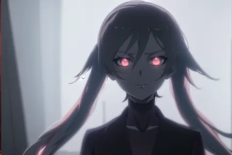 anime girl with long hair and red eyes staring at camera