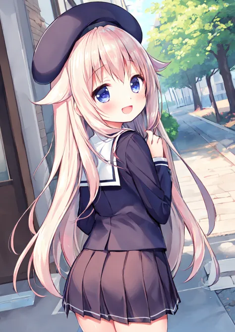 anime girl with long blonde hair and a black hat