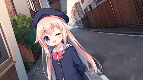 anime girl with long pink hair and blue eyes walking down a street