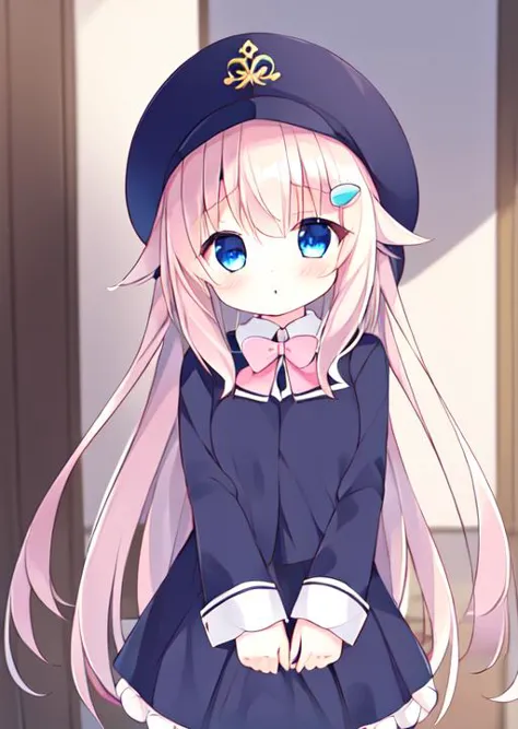 anime girl with long hair wearing a blue hat and dress