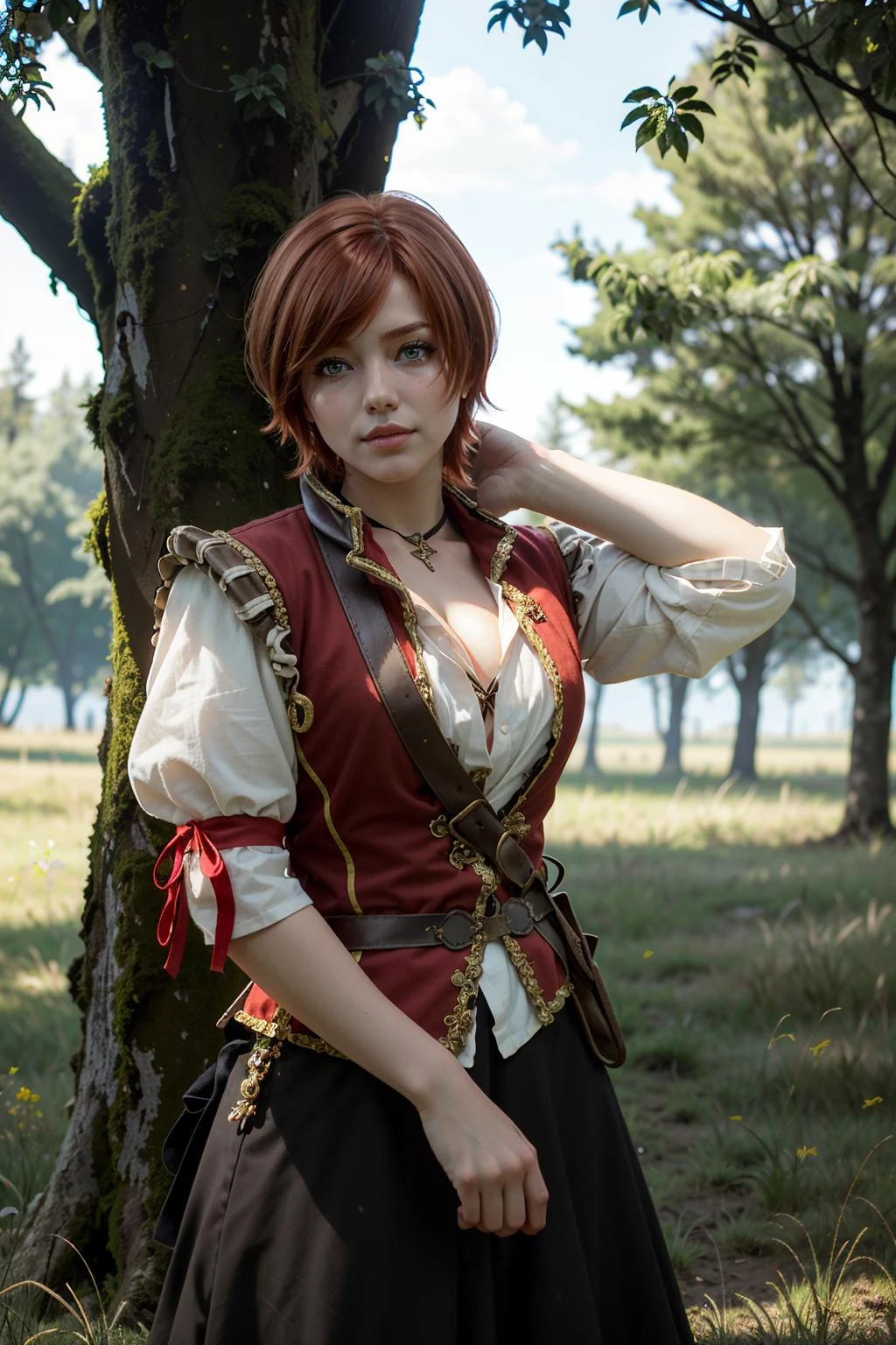 ((Meisterwerk, beste Qualität))
 Witcher3Shani, 1 Mädchen, kurzes Haar, Rote Haare, An einen unsichtbaren Baum gelehnt