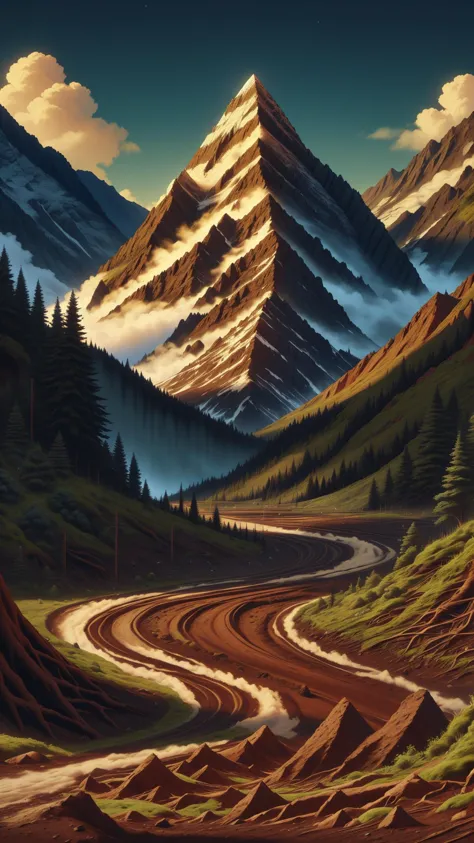 painting of a mountain scene with a winding road and a mountain