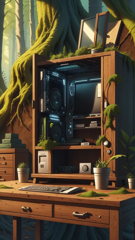 there is a computer on a desk in a forest