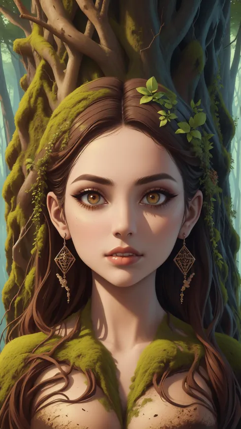 a woman with long brown hair and green dress standing in front of a tree