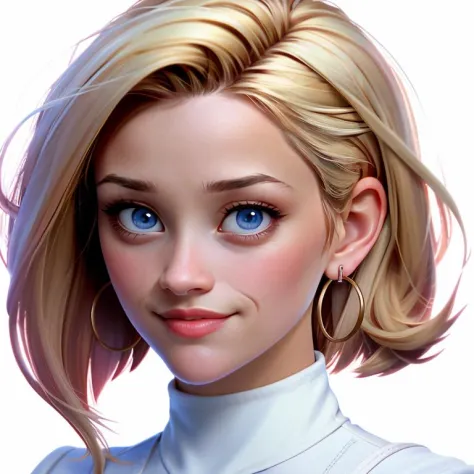 Realistic photo of a beautiful r33s3w-v2 woman, 1girl, solo, looking at viewer, smile, short hair, blue eyes, blonde hair, simple background, white background, jewelry, earrings, parted lips, artist name, lips, turtleneck, portrait, hoop earrings, realisti...