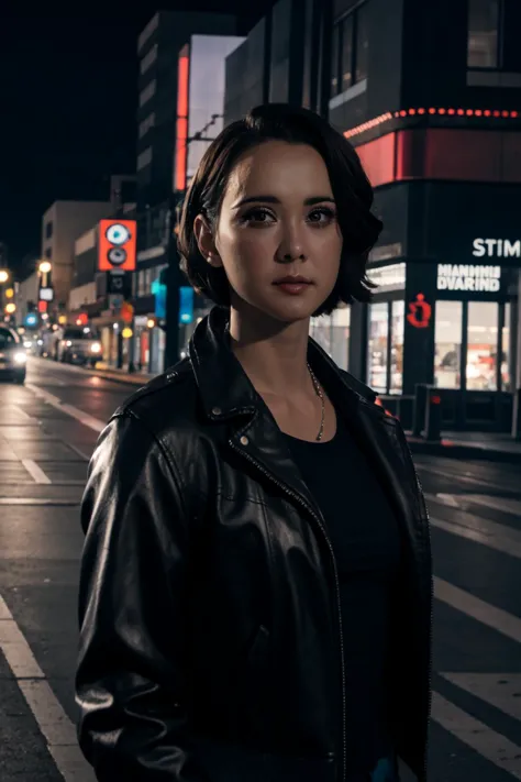 woman in black leather jacket standing on street corner at night