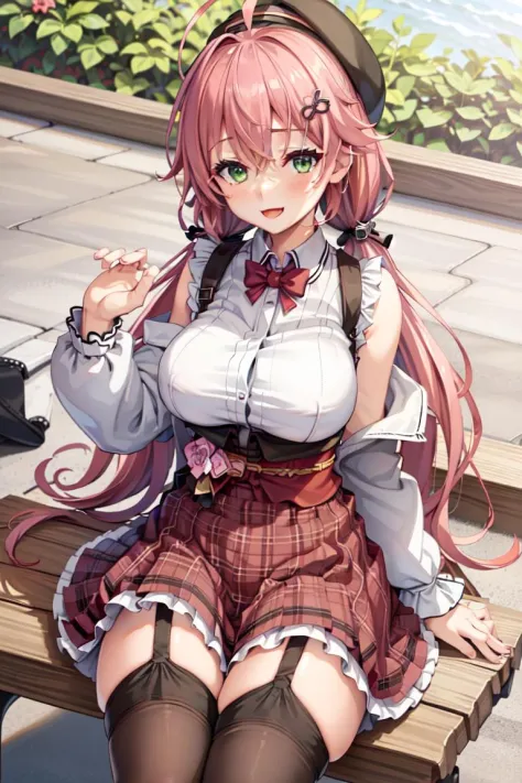 1girl, solo, best quality, sakura miko, white shirt, hat, black thighhighs, garter straps, plaid skirt, pink hair, green eyes, ahoge, low twintail, huge breasts, sleeveless, hair ornament, dynamic pose, outdoors, park, sitting on bench, black vest, smile, open mouth, <lora:Sakura_miko_v1.0:0.6>