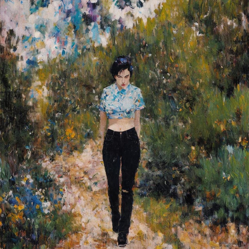 Painting of a woman walking down a path in a field - SeaArt AI