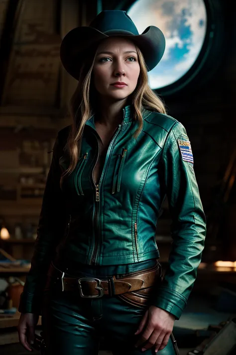 a close up of a woman in a green leather jacket and hat