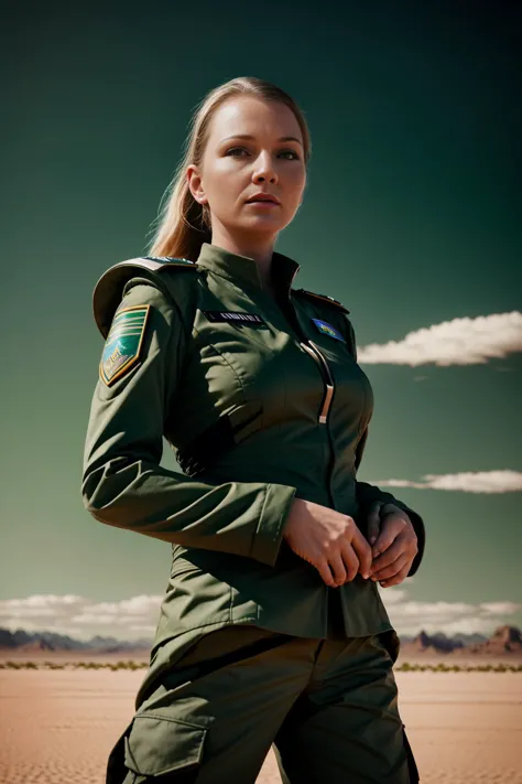 a woman in a green uniform standing in a desert