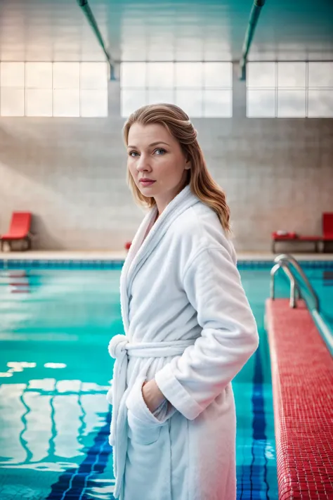 arafed woman in a bathrobe standing in front of a swimming pool