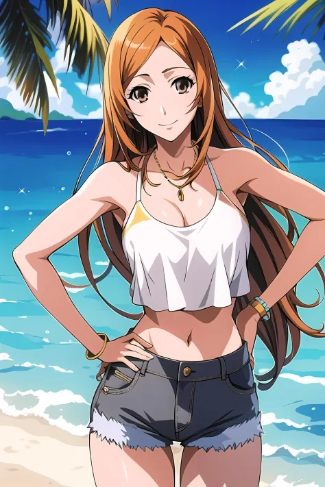masterpiece, best quality, portrait of Orihime Inoue in her 20s, brown eyes, gray crop top, denim shorts, jewelry, hands on hips, tropical beach background, <lora:GoodHands-vanilla:1>,  <lora:Orihime:0.6>