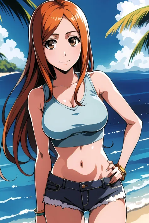 masterpiece, best quality, portrait of Orihime Inoue in her 20s, solo, brown eyes, gray crop top, denim shorts, jewelry, nice hands on hips, tropical beach background, <lora:Orihime:0.7>,
