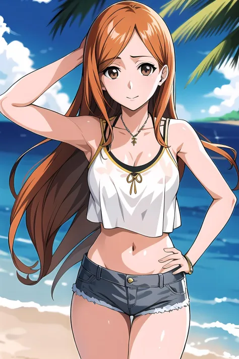 masterpiece, best quality, portrait of Orihime Inoue in her 20s, solo, brown eyes, gray crop top, denim shorts, jewelry, perfect hands on hips, tropical beach background, <lora:Orihime:0.6>,  <lora:GoodHands-vanilla:1>