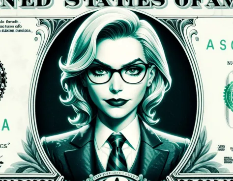 
DollaBill, digital painting of Harleen Quinzel, wearing a suit and tie, framed by an ornate border, on top of a $ 100 bill. watermark. pg13 _ rating