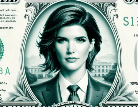 a close up of a dollar bill with a woman in a suit and tie