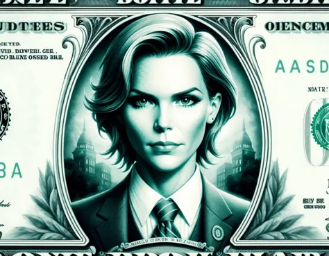 DollaBill, digital painting of Misty Cornwell, wearing a suit and tie, framed by an ornate border, on top of a $ 100 bill. watermark. pg13 _ rating