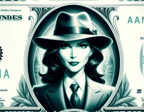 
DollaBill, digital painting of Carmen Sandiego, wearing a suit and tie, framed by an ornate border, on top of a $ 100 bill. watermark. pg13 _ rating