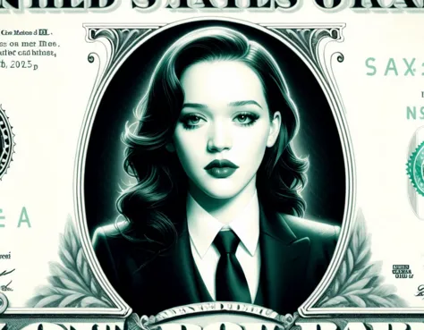 a close up of a woman in a suit and tie on a dollar bill