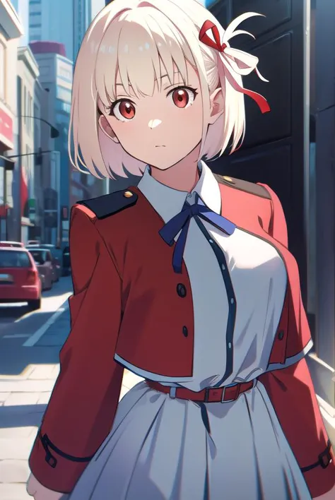 anime girl in uniform walking down a city street