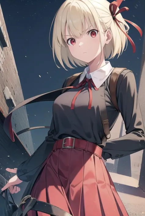 chisatonishikigi, <lyco:chisatonishikigichickeiii-lyco-nochekaiser:1>, 
nishikigi chisato, short hair, bangs, blonde hair, (red eyes:1.5), hair ribbon, one side up, bob cut,
BREAK shirt, long sleeves, dress, ribbon, white shirt, collared shirt, belt, neck ribbon, red dress, blue ribbon, pleated dress, red belt, lycoris uniform,
BREAK outdoors, city,
BREAK looking at viewer, (cowboy shot:1.5),
BREAK <lyco:GoodHands-beta2:1>, (masterpiece:1.2), best quality, high resolution, unity 8k wallpaper, (illustration:0.8), (beautiful detailed eyes:1.6), extremely detailed face, perfect lighting, extremely detailed CG, (perfect hands, perfect anatomy),