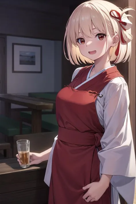 chisatonishikigi, <lyco:chisatonishikigi-lyco-nochekaiser:1>, 
nishikigi chisato, short hair, bangs, blonde hair, (red eyes:1.5), hair ribbon, one side up, bob cut, <lora:smirkingeye_v100:1>, <lora:smirkingmouth_v100:1> open mouth, smile,
BREAK japanese clothes, kimono, apron, red ribbon, waitress, red kimono,
BREAK indoors, cafe,
BREAK looking at viewer, (cowboy shot:1.5),
BREAK <lyco:GoodHands-beta2:1>, (masterpiece:1.2), best quality, high resolution, unity 8k wallpaper, (illustration:0.8), (beautiful detailed eyes:1.6), extremely detailed face, perfect lighting, extremely detailed CG, (perfect hands, perfect anatomy),