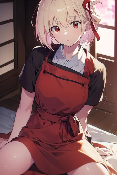 anime girl in red apron sitting on bed with open window