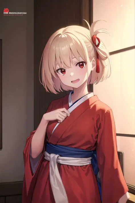 chisatonishikigi, <lyco:chisatonishikigi-lyco-nochekaiser:1>, 
nishikigi chisato, short hair, bangs, blonde hair, (red eyes:1.5), hair ribbon, one side up, bob cut, <lora:smirkingeye_v100:1>, <lora:smirkingmouth_v100:1> open mouth, smile,
BREAK japanese clothes, kimono, apron, red ribbon, waitress, red kimono,
BREAK indoors, cafe,
BREAK looking at viewer, (cowboy shot:1.5),
BREAK <lyco:GoodHands-beta2:1>, (masterpiece:1.2), best quality, high resolution, unity 8k wallpaper, (illustration:0.8), (beautiful detailed eyes:1.6), extremely detailed face, perfect lighting, extremely detailed CG, (perfect hands, perfect anatomy),