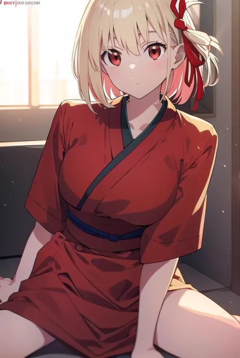 chisatonishikigi, <lyco:chisatonishikigi-LYCORIStest:1>, 
nishikigi chisato, short hair, bangs, blonde hair, (red eyes:1.5), hair ribbon, one side up, bob cut,
BREAK japanese clothes, kimono, apron, red ribbon, waitress, red kimono,
BREAK indoors,
BREAK looking at viewer, BREAK <lora:GoodHands-vanilla:1>, (masterpiece:1.2), best quality, high resolution, unity 8k wallpaper, (illustration:0.8), (beautiful detailed eyes:1.6), extremely detailed face, perfect lighting, extremely detailed CG, (perfect hands, perfect anatomy),